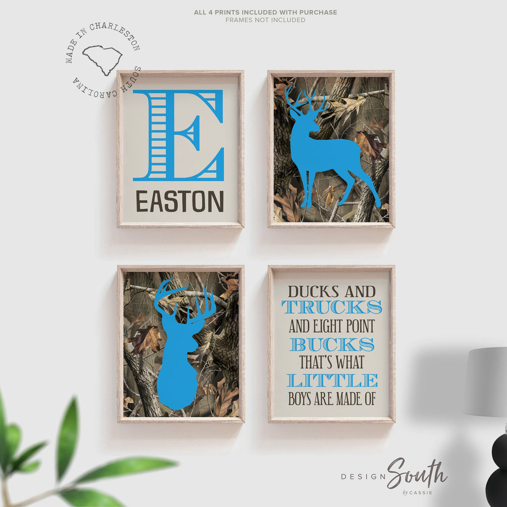 Deer theme nursery or bedroom decor for boy's room, camouflage prints, buck deer nursery, hunting theme for boys, personalized name print