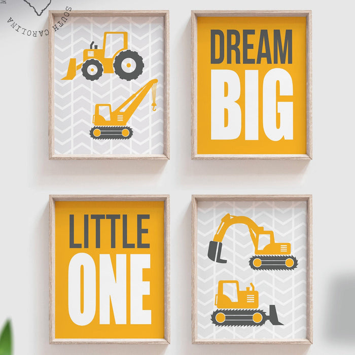 Construction prints, trucks, construction nursery, digger, bulldozer, boys nursery decor, yellow and gray art, art prints, boys construction