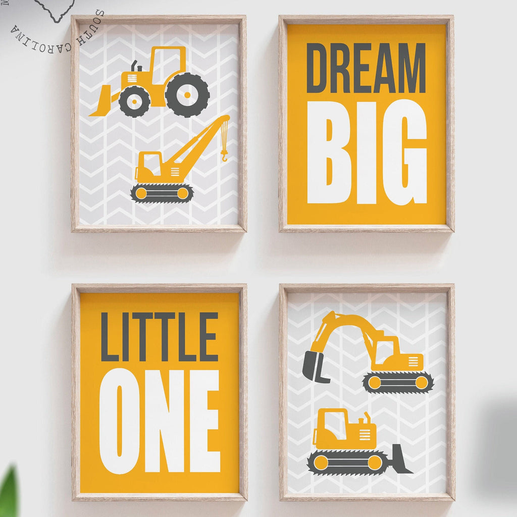 Construction prints, trucks, construction nursery, digger, bulldozer, boys nursery decor, yellow and gray art, art prints, boys construction