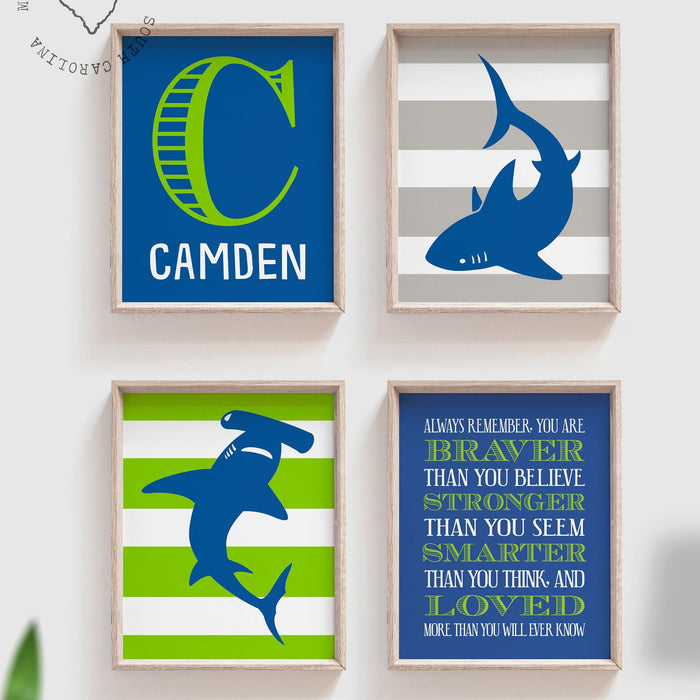 Cobalt blue shark, lime green shark, bedroom boy prints cobalt, kid quote, shark theme room, boys sharks, shark wall art, shark wall decor