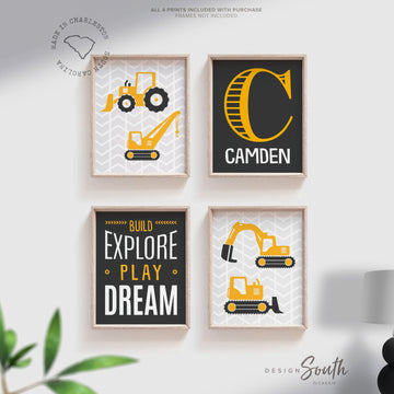 Build explore play dream, big boy bedroom construction, digger prints, digger wall art, boys construction theme bedroom, boys bedroom decor