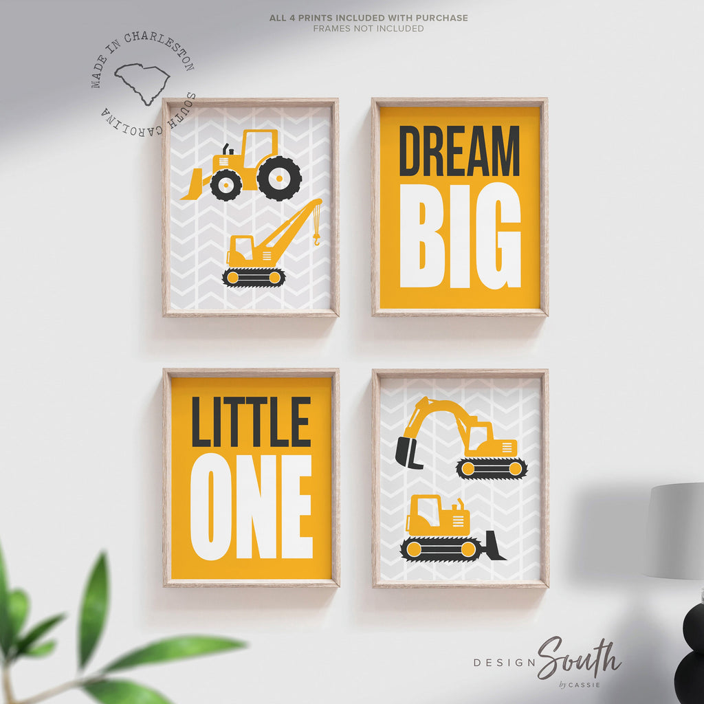 Construction prints, trucks, construction nursery, digger, bulldozer, boys nursery decor, yellow and gray art, art prints, boys construction