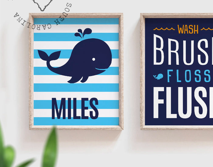 Brothers whale bathroom, twin boys bathroom, boys whale bathroom, boys bathroom prints, orange and blue, wash brush flush, brothers art