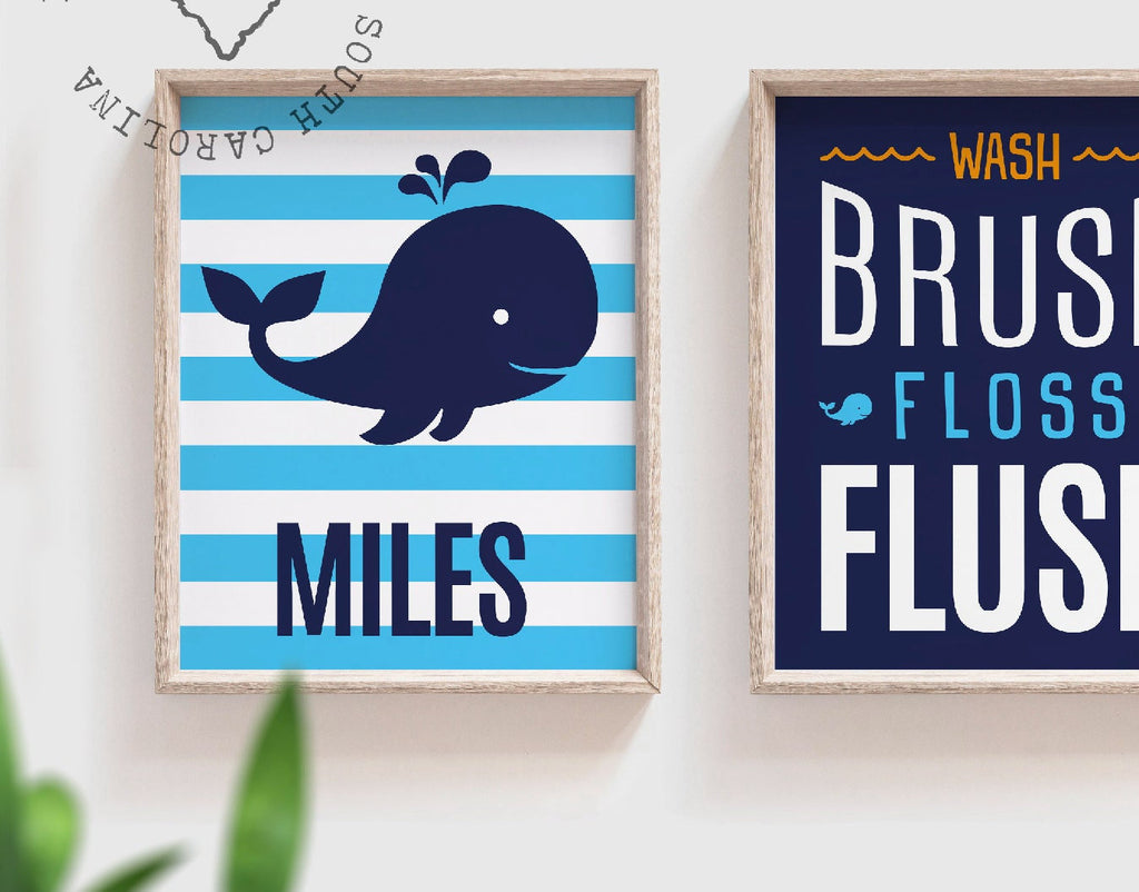 Brothers whale bathroom, twin boys bathroom, boys whale bathroom, boys bathroom prints, orange and blue, wash brush flush, brothers art