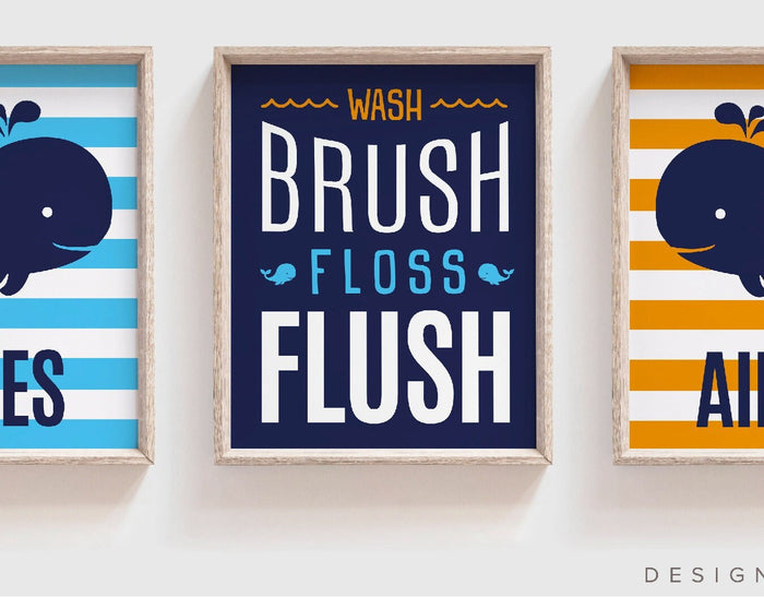 Brothers whale bathroom, twin boys bathroom, boys whale bathroom, boys bathroom prints, orange and blue, wash brush flush, brothers art