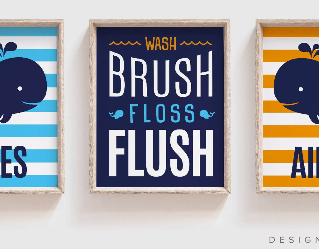 Brothers whale bathroom, twin boys bathroom, boys whale bathroom, boys bathroom prints, orange and blue, wash brush flush, brothers art