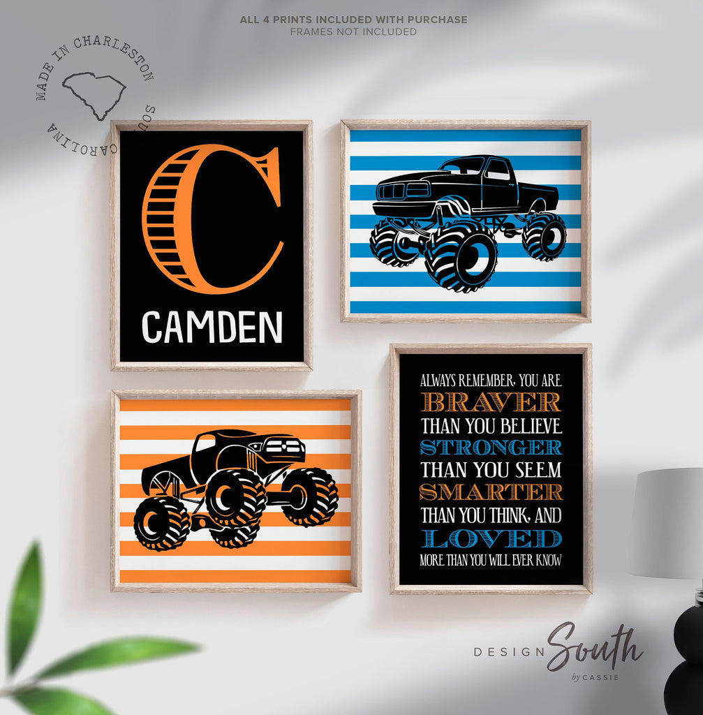 Monster truck wall personalized name for boys room decor, truck theme wall prints, boys monster truck with name, toddler truck bedroom decor