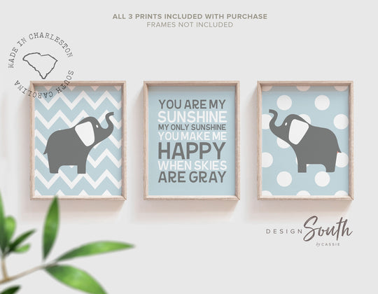 Elephant nursery you are my sunshine baby blue, baby boy nursery, boys nursery baby blue and gray, boys elephant nursery, baby elephant art