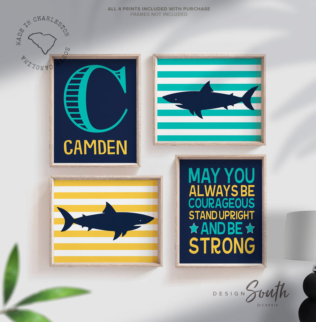 Boys nursery decor, shark nursery decor, personalized print for boys, yellow, teal, navy blue, boys bedroom wall decor, quote for boys room