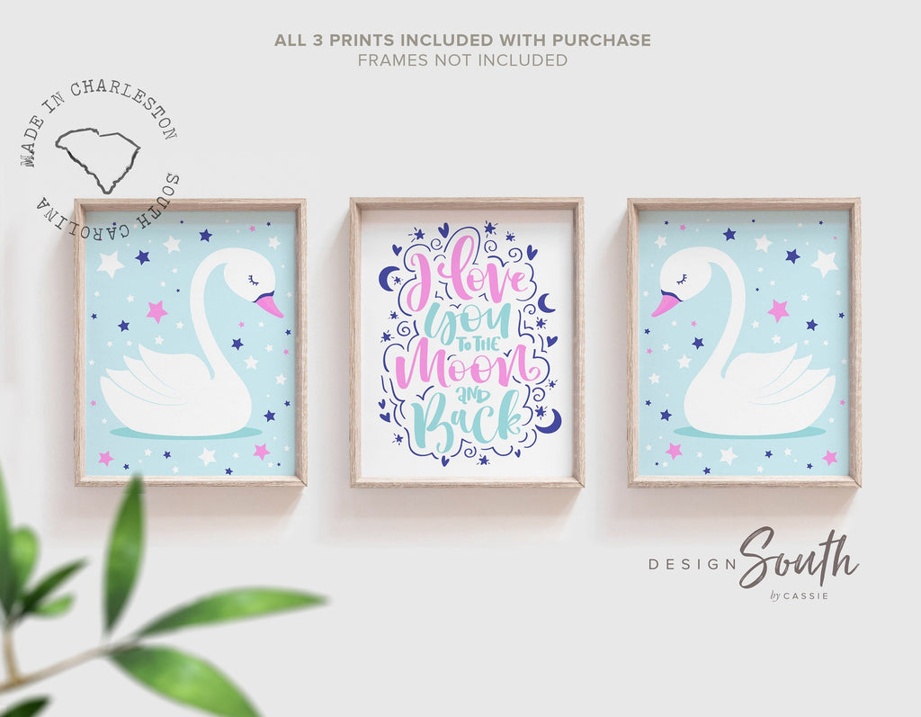 Pink and aqua nursery, swan wall art for girls, girls hot pink and aqua decor, i love you to the moon and back, swan baby pink nursery decor