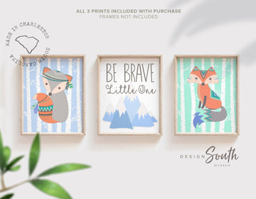 Be brave little one, children's playroom wall, fox woodland theme bedroom baby blue, inspirational quote kids prints, nursery woodland theme