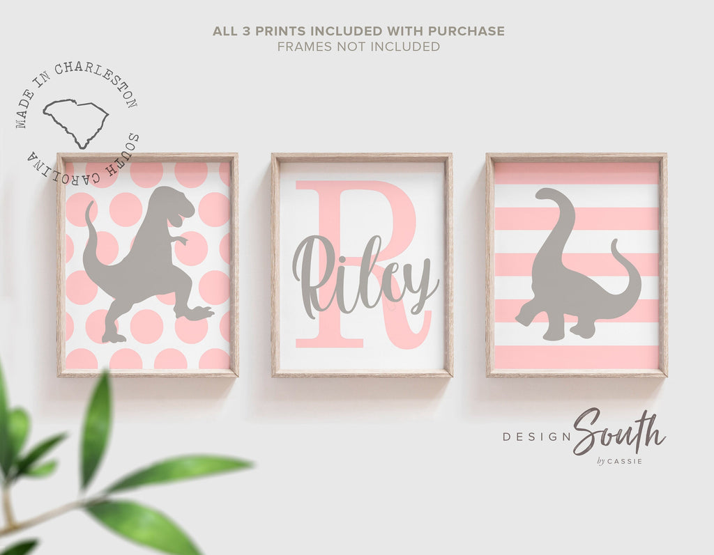 Pink gray girls dinosaur nursery art, girl dinosaur art, baby girl dinosaurs, girl dinosaur wall art, girls bedroom, girls bedroom dinosaurs