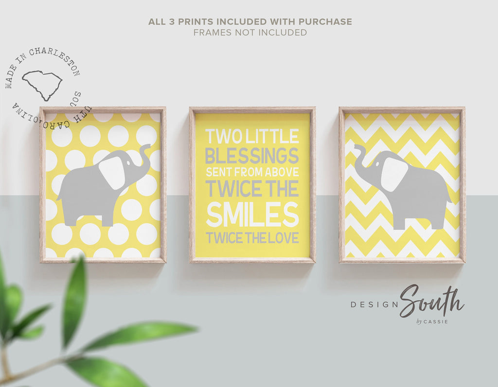 Twin nursery decor, elephants for twins, quote for twins, yellow and gray nursery wall art, two little blessings, gray and yellow nursery