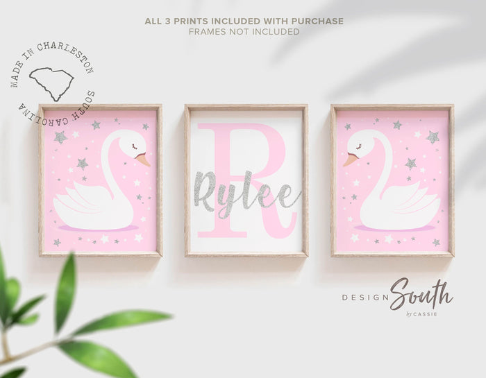 Pink baby monogram, swan nursery name, baby shower gift, baby girl wall art, pink and silver sparkles, initial print, name art pink nursery