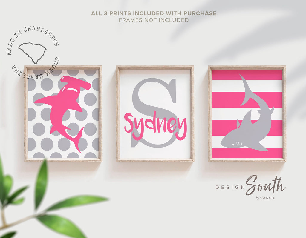 Girl's shark room wall art, pink gray shark decor, gift for little girl shark theme, shark wall art girl personalized gift, girl shark print