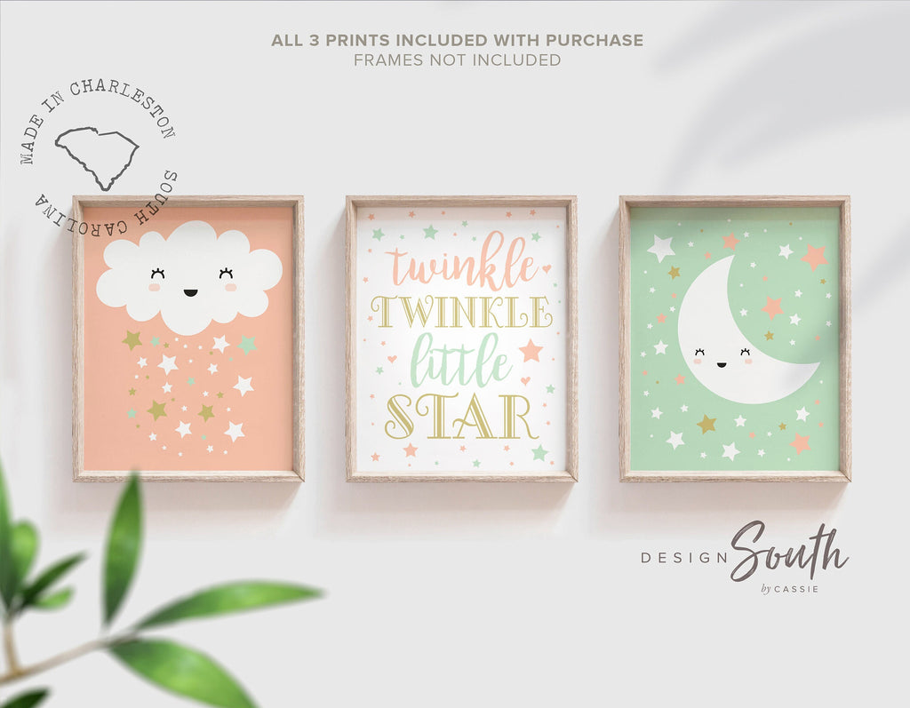 Mint peach and gold nursery, baby girl mint, baby girl peach, gold and peach, moon and stars, star nursery, baby star art, baby star decor