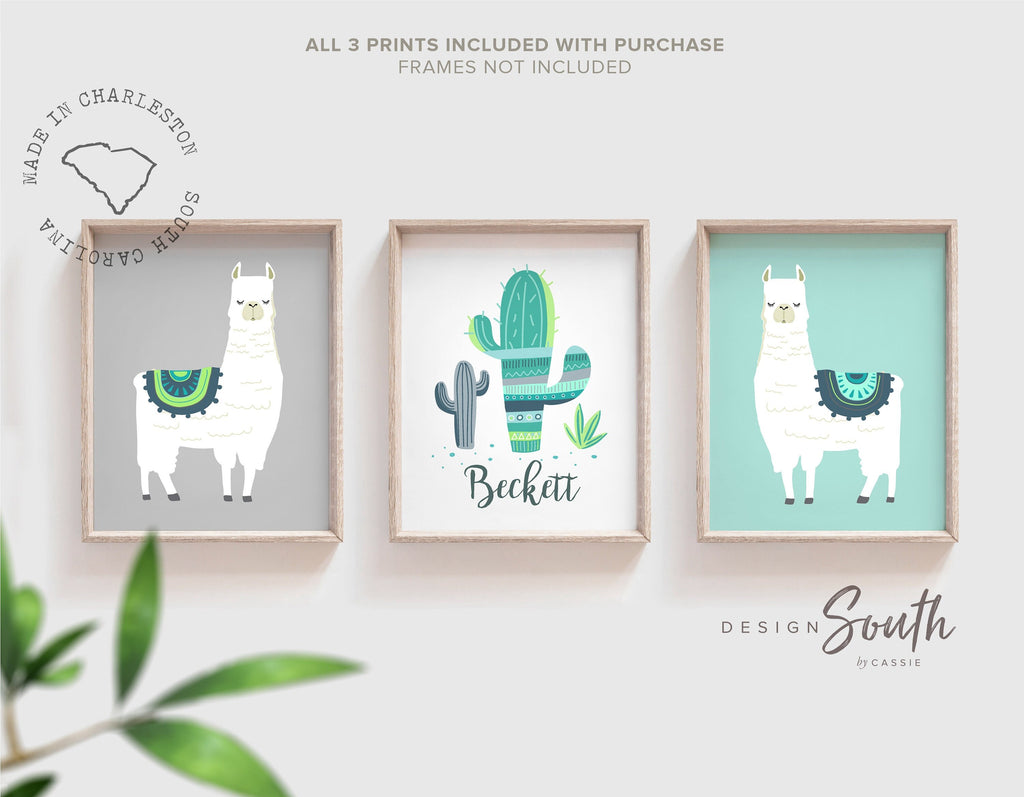 Teal blue cactus boho room decor, llama nursery boy alpaca, kid teal blue green boho child room art, cactus nursery boy, llama baby boy room