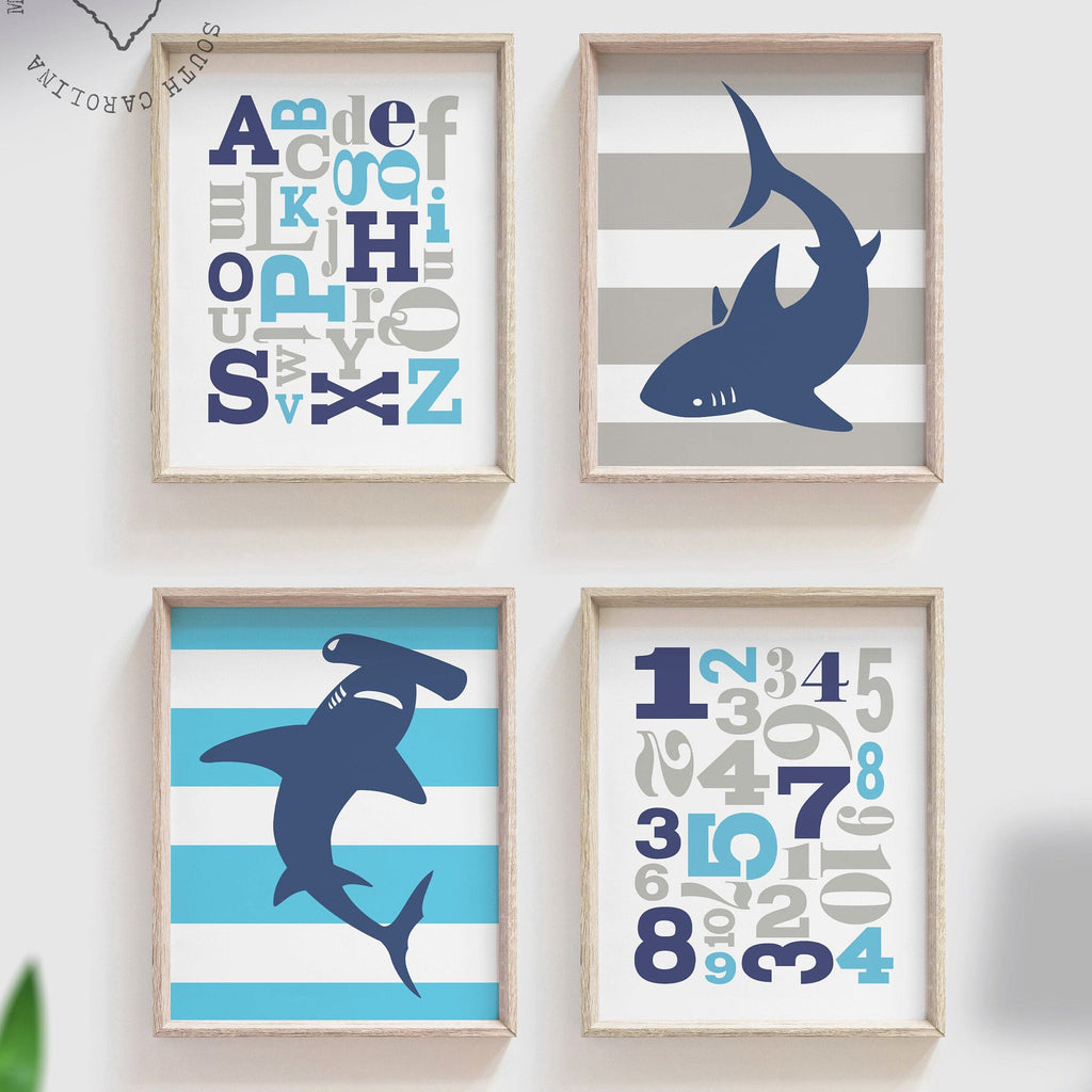 Boys sharks, shark room, wall art for boys, kids sharks, shark wall decor, wall art sharks, sharks gray and blue, abc, toddler shark art