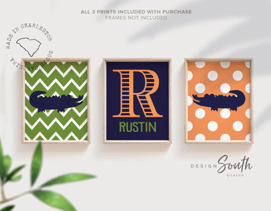 Baby boy orange and green nursery, orange and green nursery art, alligator baby boy, baby boy alligator art, baby alligator nursery decor