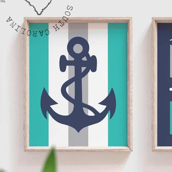 Boys turquoise teal gray bathroom decor, nautical boys bathroom, boys bathroom wall art anchor ship wheel nautical, baby boy nautical decor