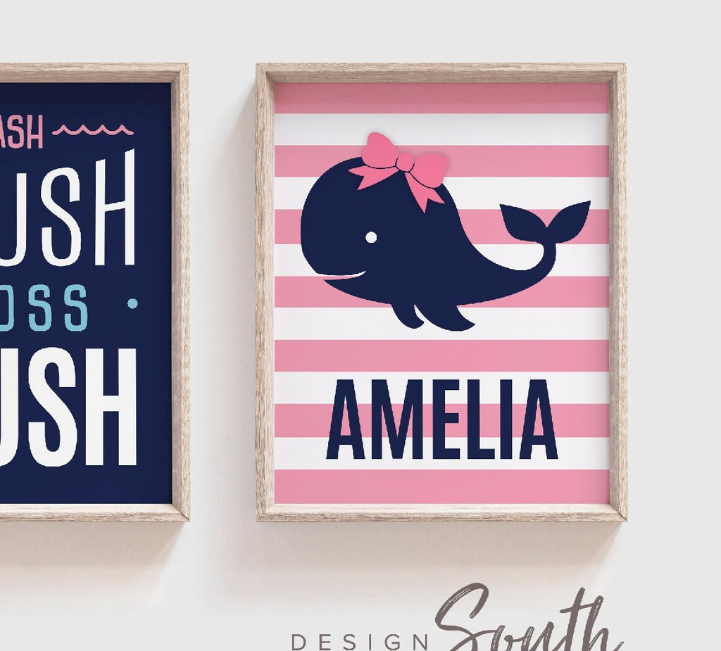 Bathroom decor, bathroom decor for children, boy girl bathroom, bathroom prints, whale bathroom, whale theme, wash, brush, floss, flush, art