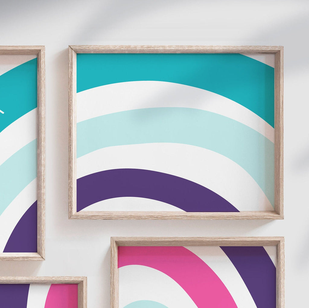 Teal purple pink nursery decor, pink and teal nursery decor, rainbow prints, girls nursery, girls bedroom prints, playroom decor heart crown