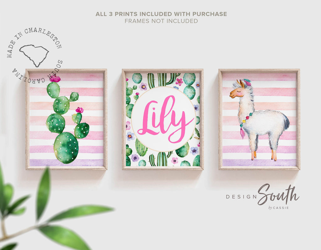 Watercolor baby name wall art, llama & cactus, newborn nursery gift, baby shower gift for girl, llama succulents, colorful llamas, boho baby