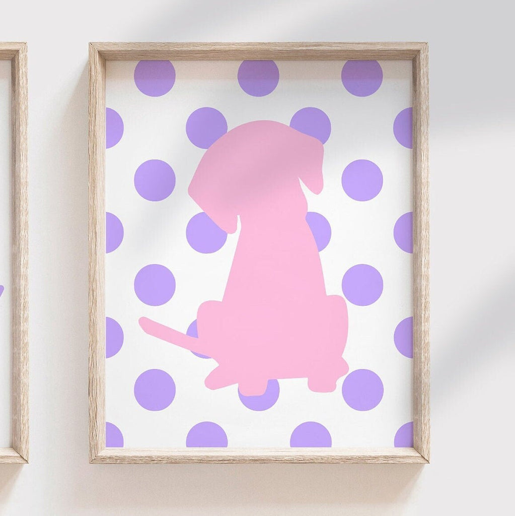 Pink and purple nursery, baby girl wall art, nursery art pink purple, puppy nursery theme baby prints, cute puppy pictures, pink purple dog