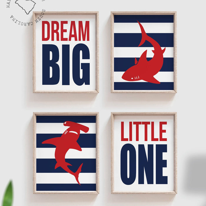 Red and navy blue shark nursery wall decor, shark nursery dream big little one nautical decor, shark boy nursery wall art, red boys bedroom