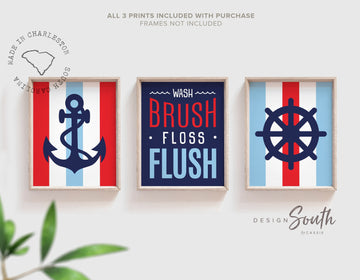 Nautical boys red light blue and navy bathroom, kids bathroom red and navy nautical, wash brush floss flush sign, wall art prints children