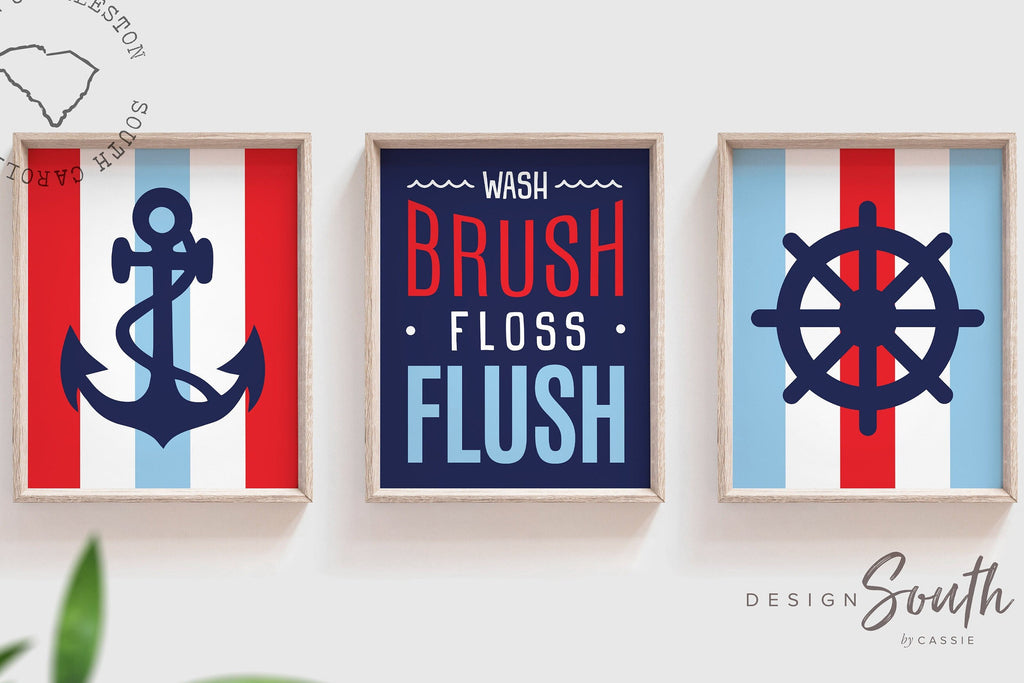 Nautical boys red light blue and navy bathroom, kids bathroom red and navy nautical, wash brush floss flush sign, wall art prints children