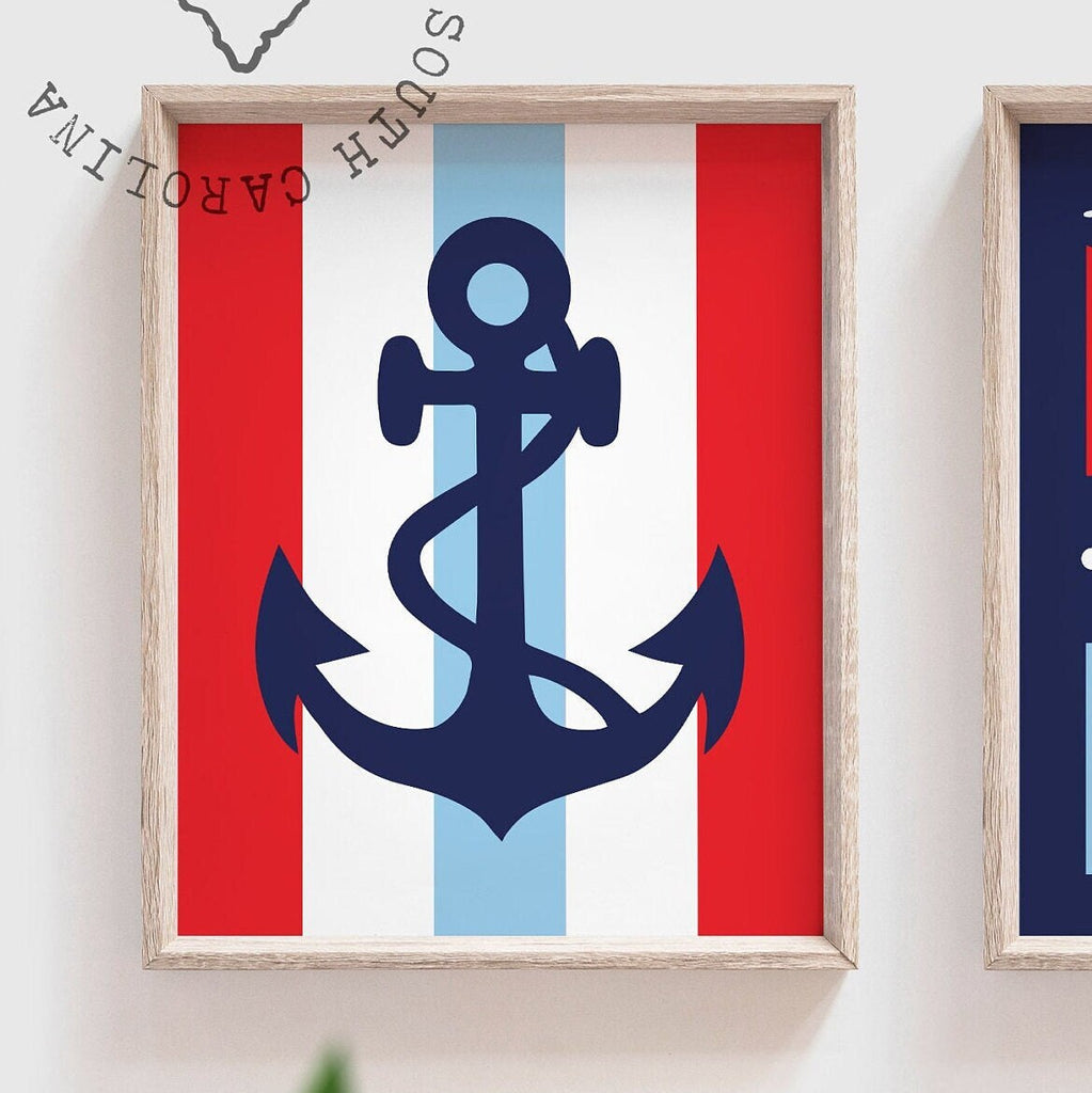 Nautical boys red light blue and navy bathroom, kids bathroom red and navy nautical, wash brush floss flush sign, wall art prints children