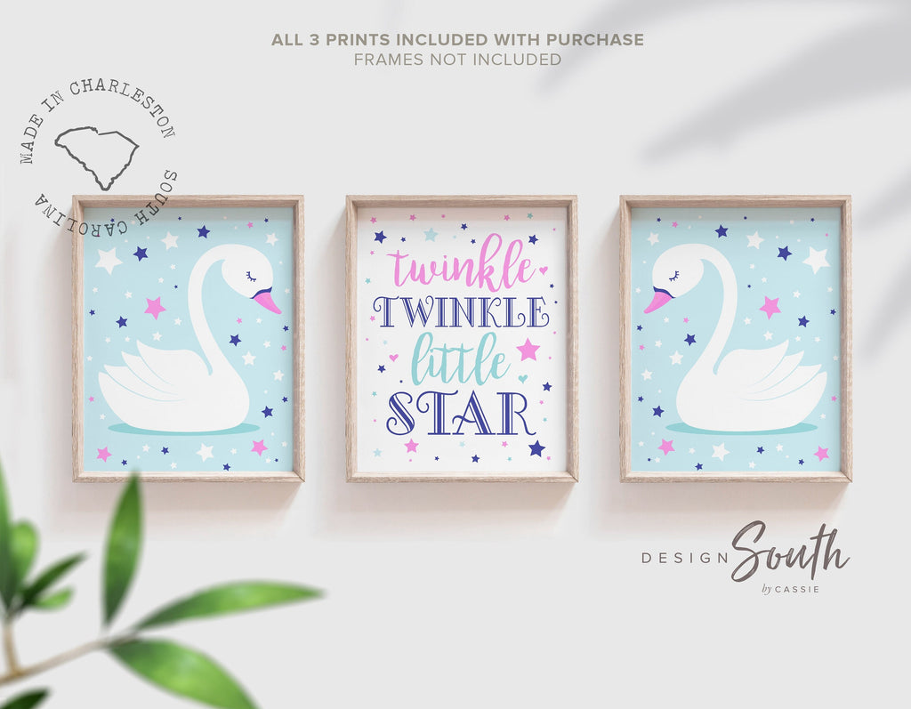 Swan nursery room, pink star nursery, baby shower girl gift, navy and hot pink swan, white swan art print, swan baby room, cloud island set