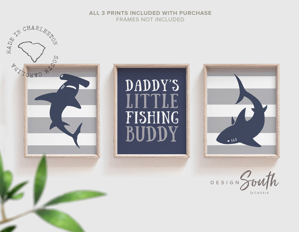 Daddys little fishing buddy quote art, great white shark nursery decor, hammerhead baby boy art, shark fishing decor kids, toddler wall art