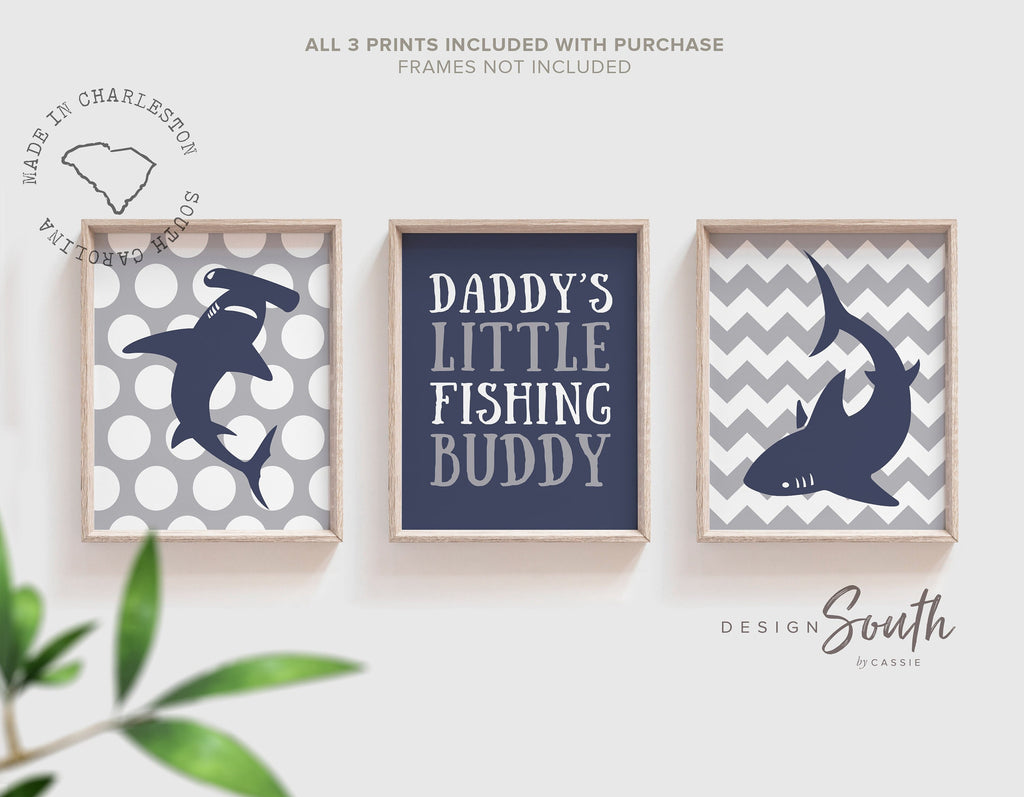 Daddys little fishing buddy quote art, great white shark nursery decor, hammerhead baby boy art, shark fishing decor kids, toddler wall art