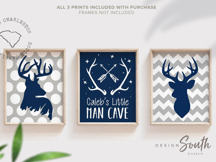 Boys little man cave deer nursery, hunting nursery, deer decor, deer art, boys deer nursery, deer arrows, deer nursery for boys navy gray