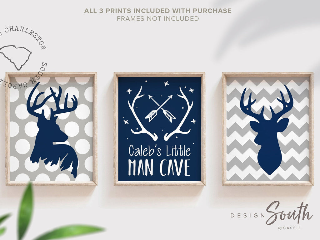 Boys little man cave deer nursery, hunting nursery, deer decor, deer art, boys deer nursery, deer arrows, deer nursery for boys navy gray