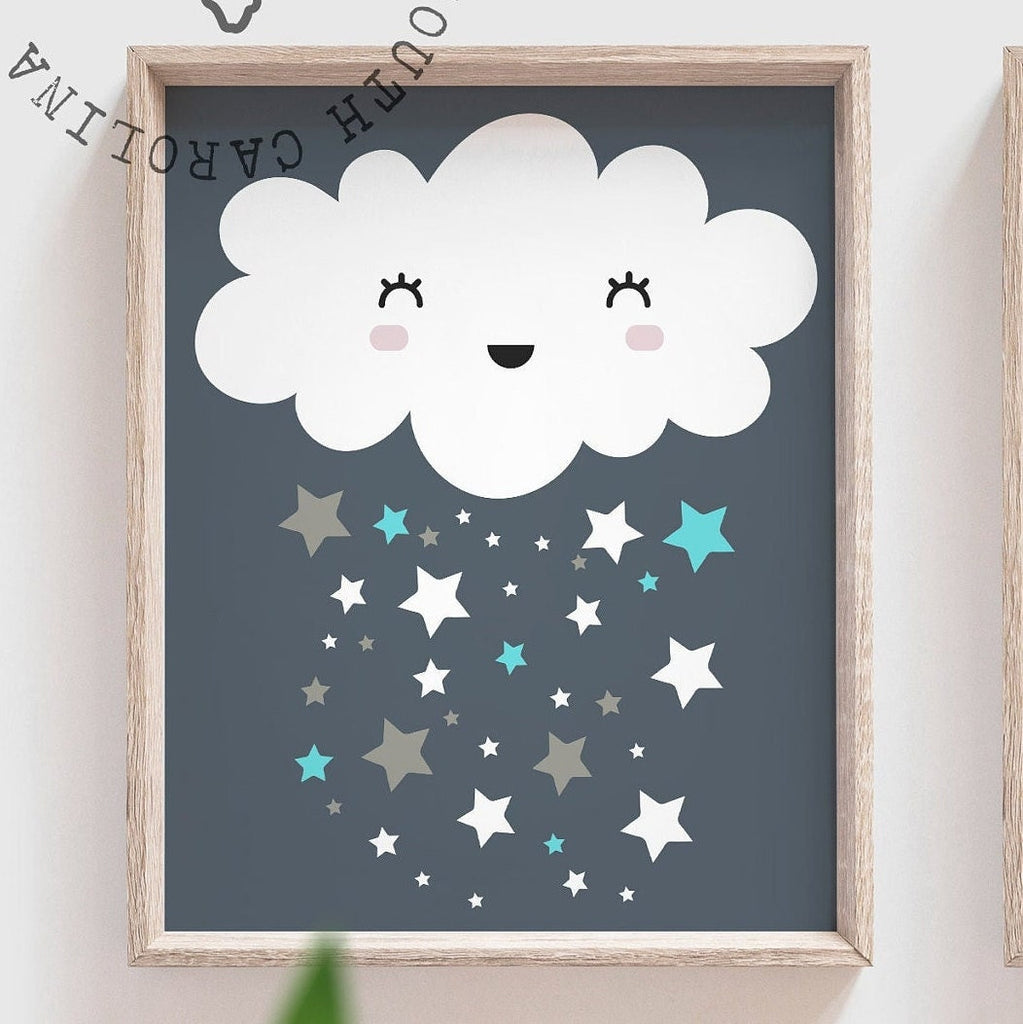Aqua navy gray boys nursery wall art, cloud moon and star celestial theme boy decor, star baby boy art, nursery wall pictures blue gray star