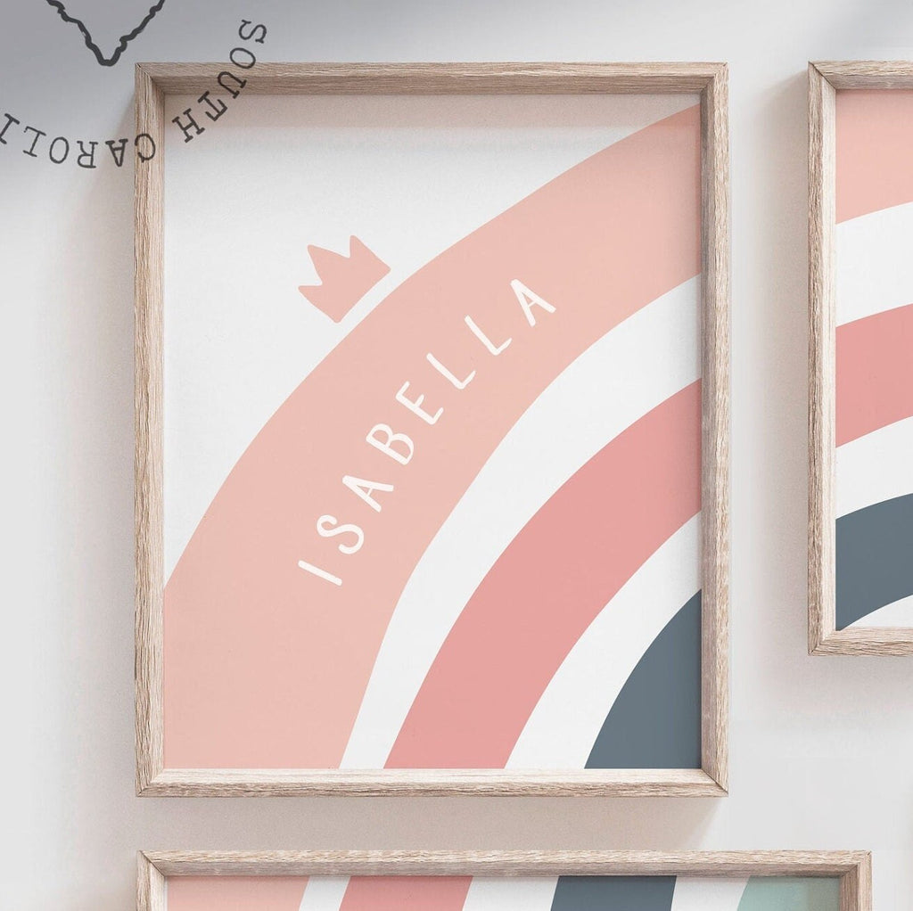 Rainbow nursery decor, muted pink modern wall decor for girls, love heart print set, rainbow themed nursery, child wall decor art girls name