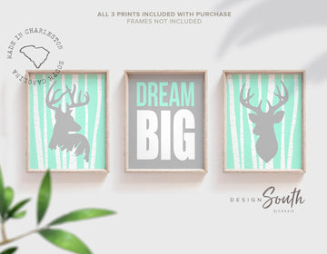 Mint and gray deer nursery decor, dream big kid's wall art prints, woodland buck deer theme mint, big boy bedroom decor, wall art for kids