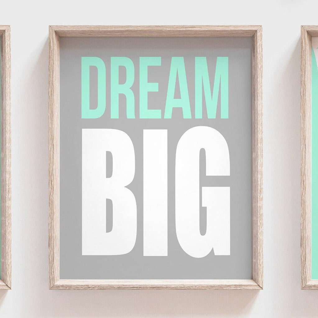 Mint and gray deer nursery decor, dream big kid's wall art prints, woodland buck deer theme mint, big boy bedroom decor, wall art for kids