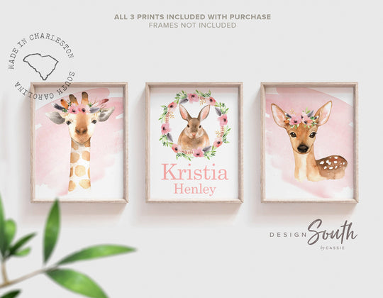 Girls woodland nursery decor, personalized name, watercolor baby girl woodland, baby girl gift, giraffe nursery, baby girl fawn deer nursery