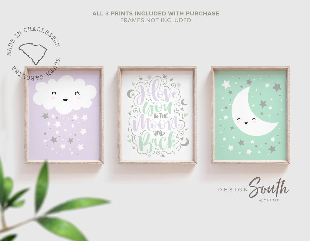 Mint and lilac nursery, moon star nursery decor, love you to the moon quote baby, purple girls room wall art prints, girl bedroom wall ideas