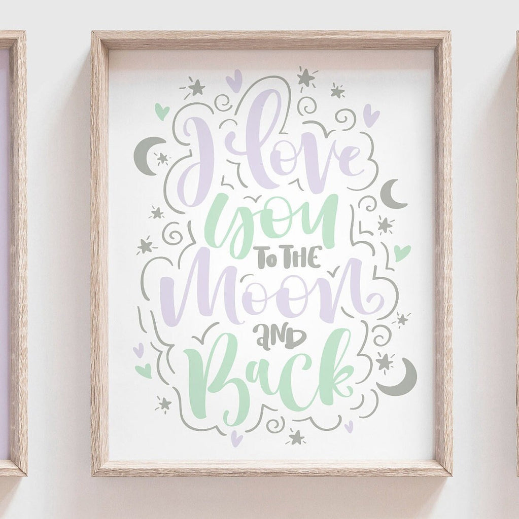 Mint and lilac nursery, moon star nursery decor, love you to the moon quote baby, purple girls room wall art prints, girl bedroom wall ideas