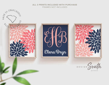 Baby girl nursery coral navy, gift for little girl, bedroom wall prints floral, baby art personalized monogram girls initials, wall pictures
