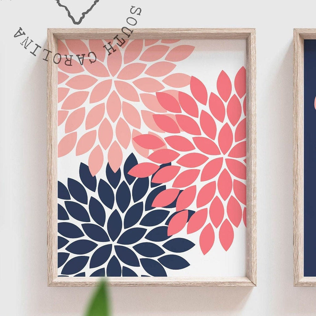 Baby girl nursery coral navy, gift for little girl, bedroom wall prints floral, baby art personalized monogram girls initials, wall pictures