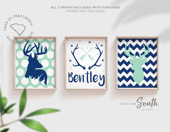 Navy mint deer nursery art wall decor, boys deer mint and navy blue, deer baby, deer decor, deer nursery, deer wall art, woodland deer boys