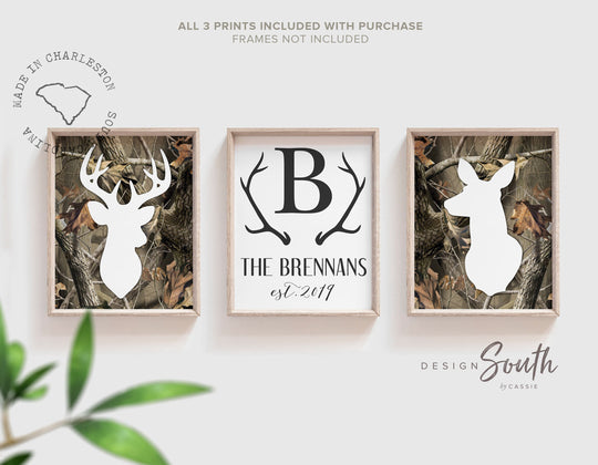 Home decor wall art buck and doe, cabin sign, rustic name sign, deer family name sign, camouflage home decor, hunting cabin decor signs camo