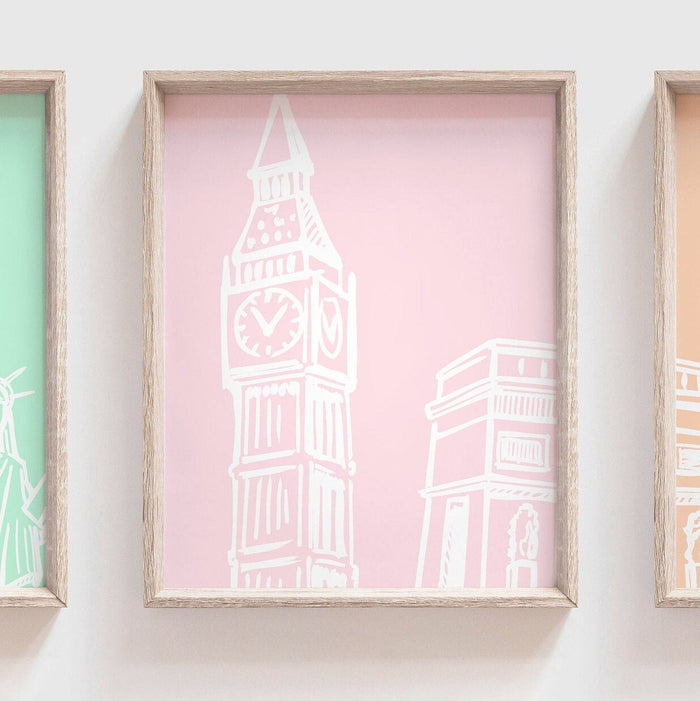 Pastel travel themed baby girl art, paris london new york landmarks wall art, leaning tower of pisa, paris eiffel tower art, travel nursery