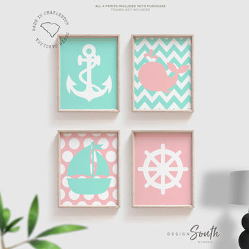 Girls nautical nursery, girls nautical playroom, pink and mint nursery, pink nursery, wall decor for girls, pink mint sailboat anchor whale